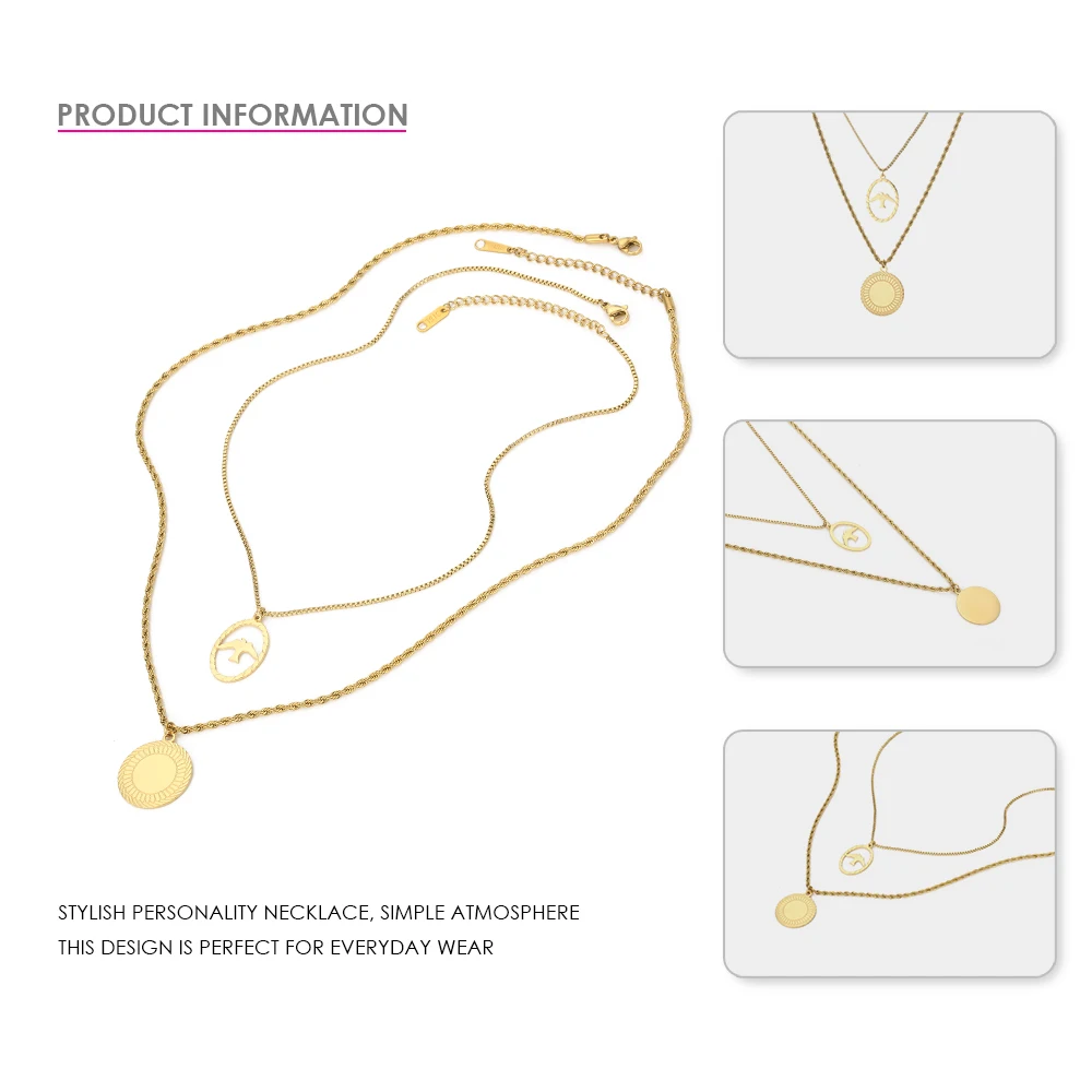 eManco Classic Pendant Necklace For Women Double layer Sun with Bird Stainless Steel Choker Necklaces Fashion Jewelry