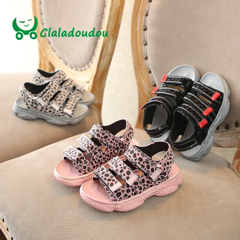

Claladoudou16.5-23CM Kids sandals genuine leather boys girls leopard fashion beach sandal toddler pink gray black casual sandals
