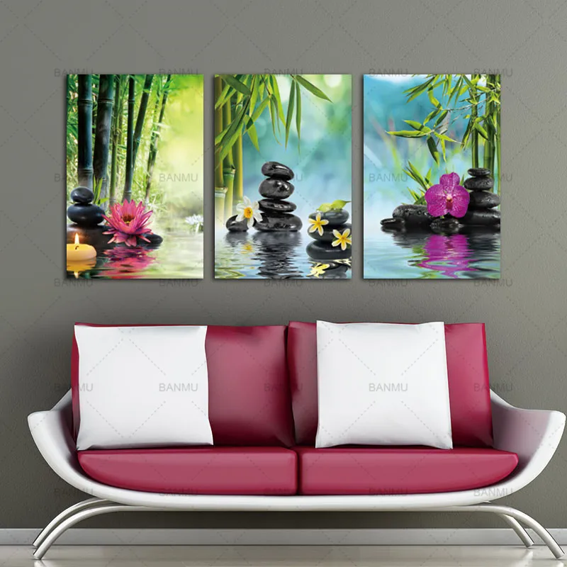 Canvas Painting Wall Art Decor modern print SPA Stone Green Bamboo Pink