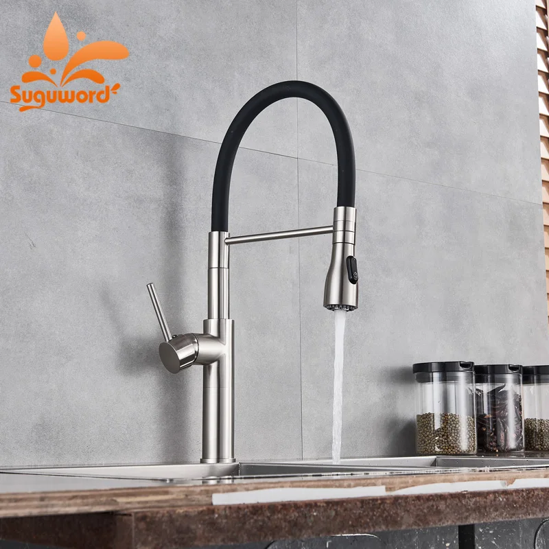 

Suguword Brushed Nickel plus Black Kitchen Faucet Deck Mounted Single Handle Mixer Tap Ceramic Valve Hot and Cold Water Switch