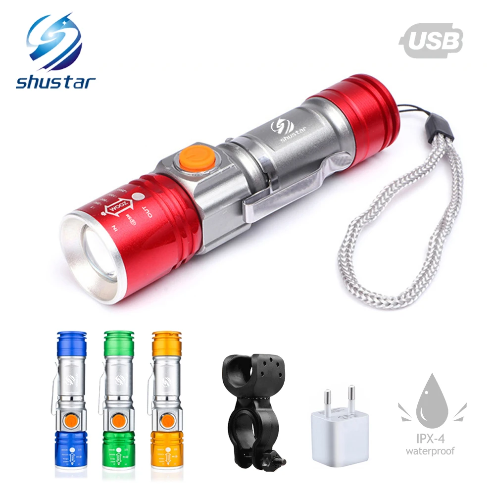 Top Bicycle light 4 color LED portable flashlight built-in rechargeable lithium battery USB charging waterproof zoom 3 mode lighting 0