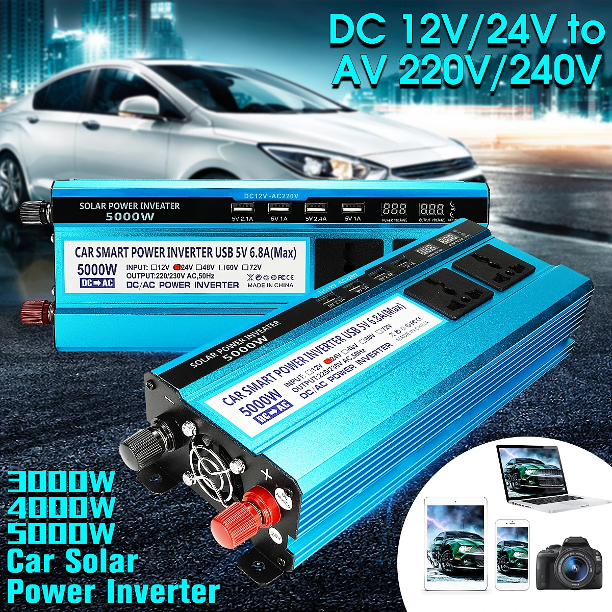 

Voltage Transformer Solar Power Inverter Dual LED Screens 12V/24V DC to 220VAC PEAK 5000W Modified Sine Wave Converter Protect