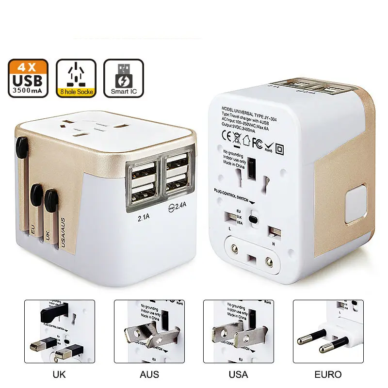 Universal Travel USB Charger Adapter with EU US AU Plug for Mobile Phone Adapters 4 USB Charger CE.ROHS.FCC approved