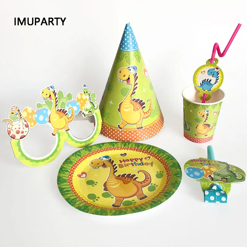 

6pcs Cartoon Dinosaur Party Disposable Tableware Cups Plates Hats Straw Birthday Party Decorations Kids Boy Green for 6 Person