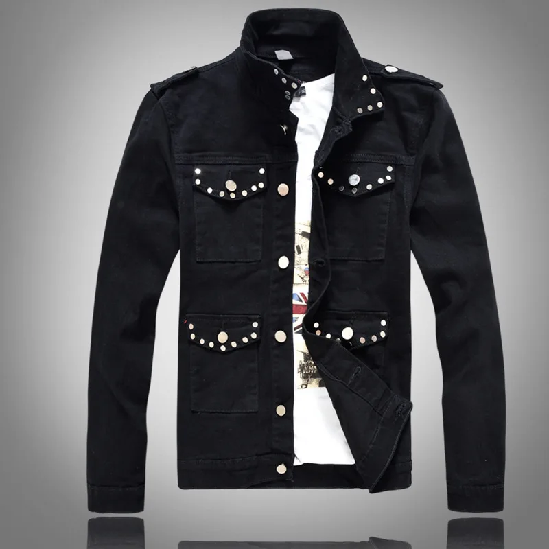 Punk Style Mens Hip Hop Denim Jacket With Metal Rivet Cotton Jeans