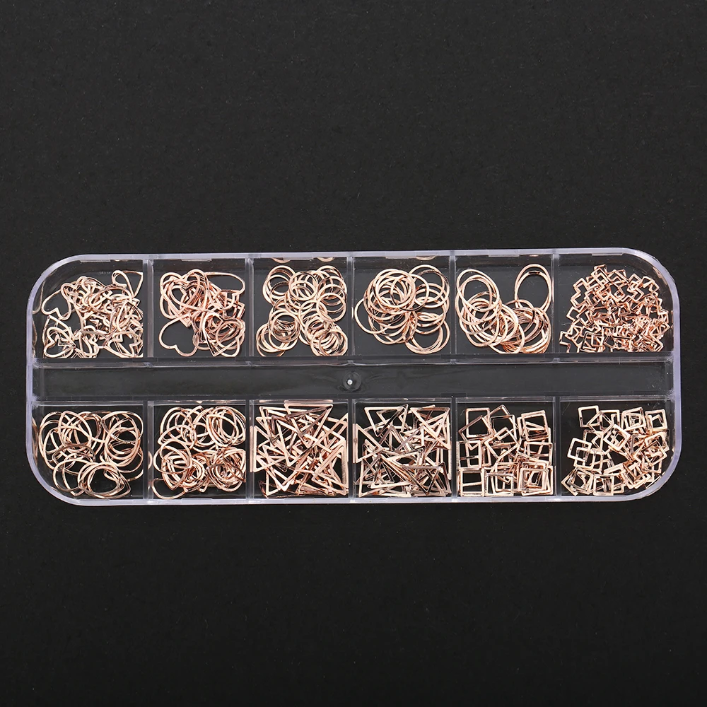 Blueness 1 коробка розовое золото полые металлические украшения для ногтей круг сердце Квадратный Дизайн Маникюр 3D ногтей сплав медь шпильки