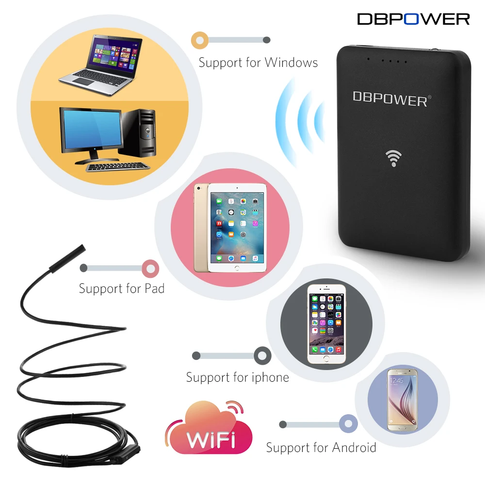 Dbpower 2.0mp HD 720 P Wi-Fi эндоскопа 9 мм объектив 1/3/5/10/15/ 20 м Инспекции Змея камеры 6LED