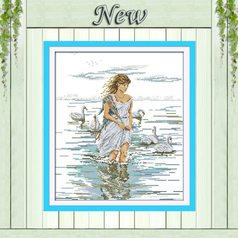 

The girl and swan lakeside Drawing painting counted print on canvas DIY 14CT 11CT DMC Cross Stitch kit Needlework Set Embroidery