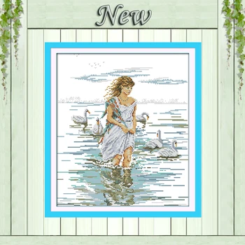 

The girl and swan lakeside Drawing painting counted print on canvas DIY 14CT 11CT DMC Cross Stitch kit Needlework Set Embroidery