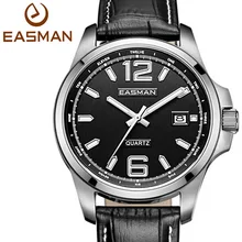 Easman марка 2015 лучших часы мужчины черный Geuine кожа аналоговый япония кварцевые авто дата мужская нержавеющей стали наручные часы часы