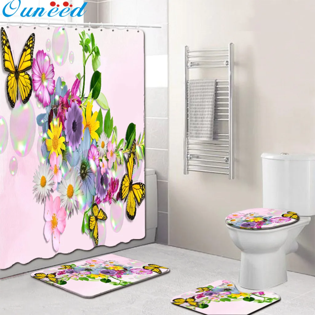 

Ouneed 4PCS set beauty flowers prints Bathroom Shower Curtains set Non Slip coloful pattern Toilet Shower curtains Cover Mat set