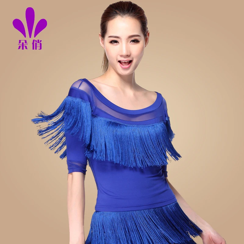

Lady Summer Dancing Shirt Tassel Female Latin Dance Shirt Half Sleeve Round Collar Female Rumba Samba Dance Clothes B-4325