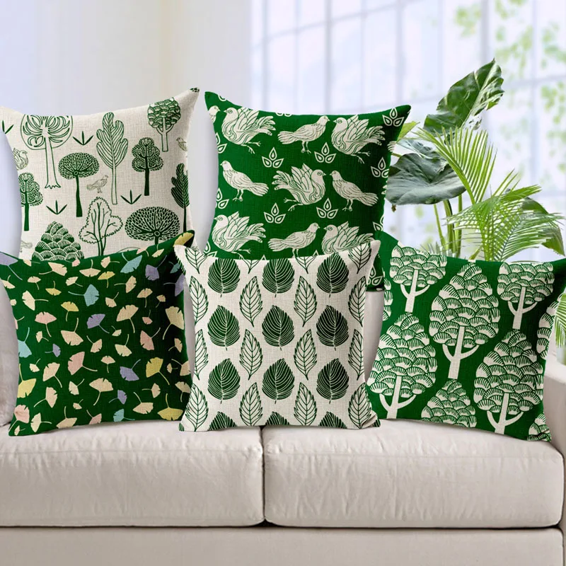 

Green and Beige Cotton Linen Pillowcases Cushion Cover Tree Leaves Pattern Chair Waist Seat Pillow Cover Home Garden
