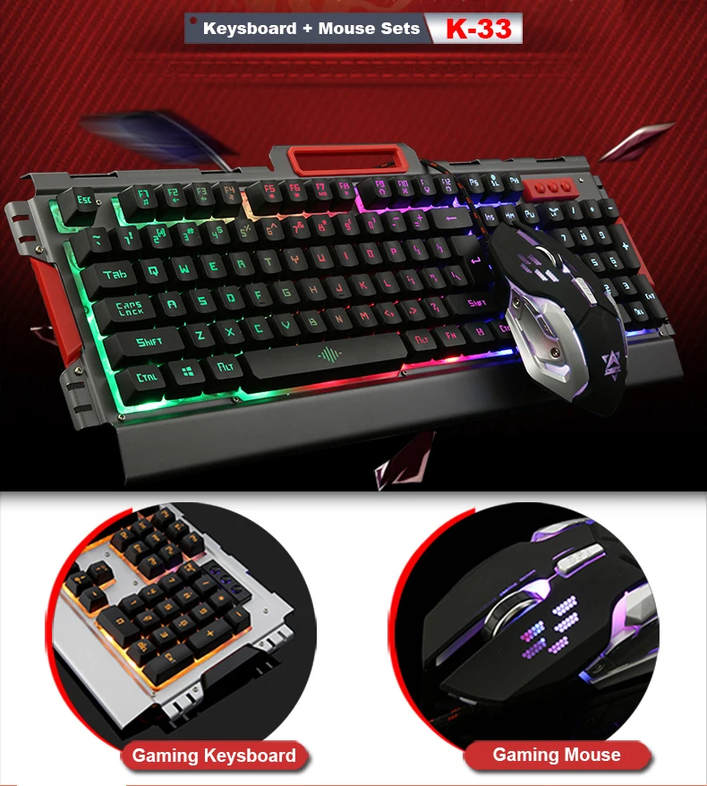 K33 проводной Радужный светодиодный Эргономичный игровой usb-клавиатура с подсветкой+ 6 кнопок 3200 dpi, набор Оптической Геймерской Мыши+ коврик для мыши
