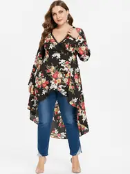 5XL плюс Размеры Высокая Низкая Цветочный принт Surplice Blouse Для женщин Полный Flare рукавом Длинная блузка женская Повседневное глубокий