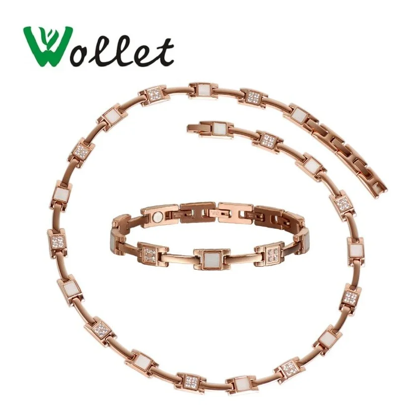 

Wollet Jewelry Set Bio Magnetic Stainless Steel Necklace Bracelet for Women CZ Stone Rose Gold Color Magnets Shell