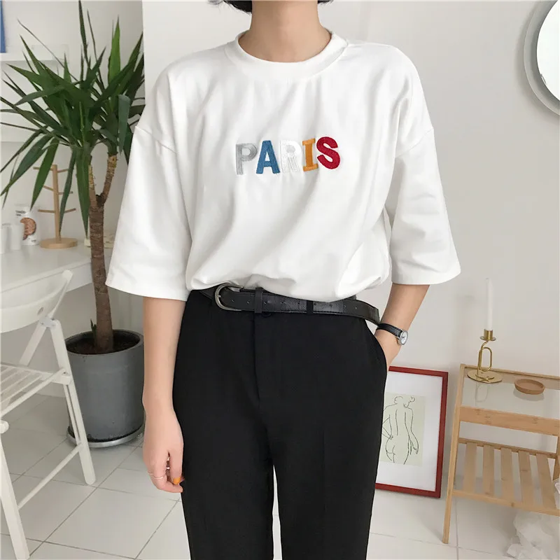 

Pairs letter embroidery short sleeve T-shirt female summer casual loose O-neck t-shirts black fashion women short sleeve