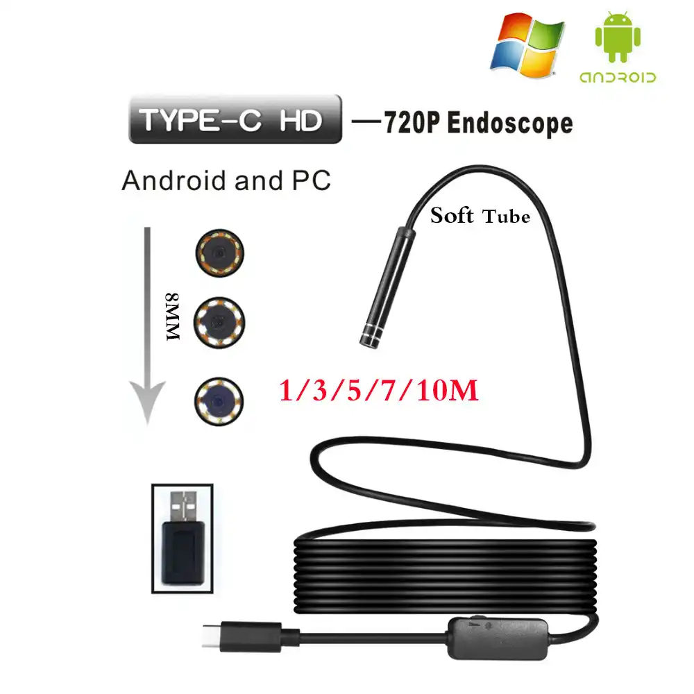 HD 720P водонепроницаемый эндоскоп типа с Android IP67 Мягкая трубка 8 светодиодных регулируемых огней для фотосъемки видео записи эндоскопии - изображение