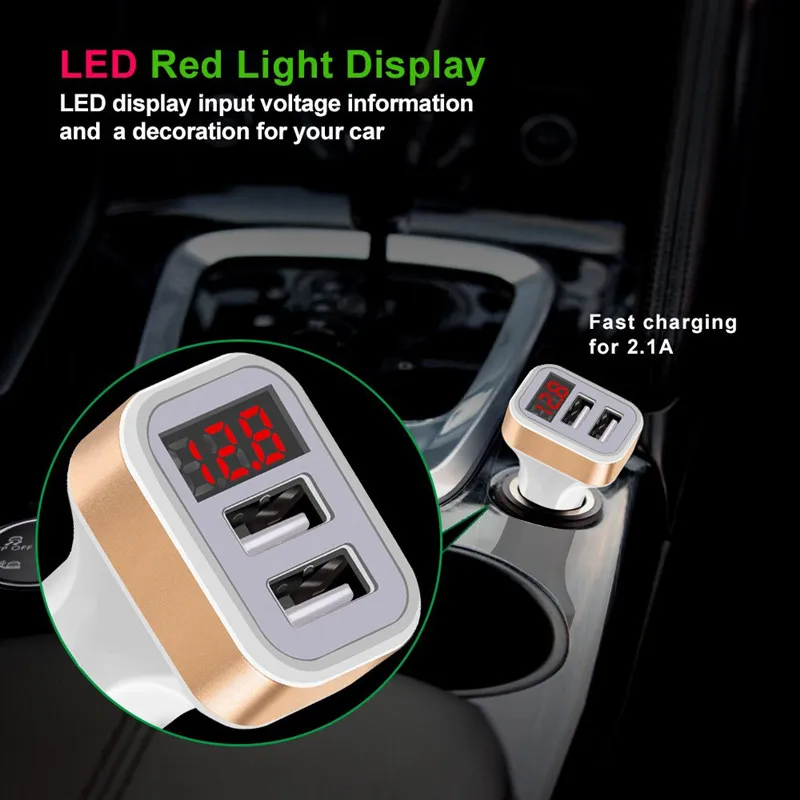 Car Charger Digital Display Dual Port USB Adapter 2.1A Double Type C For Samsung Mobile Phone Fast Charging
