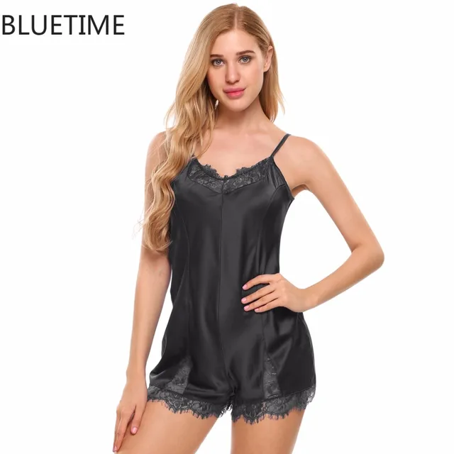 Lady Satin Jumpsuit Sleepwear Playsuit Women Female Sexy Lace Trim