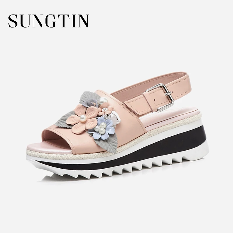 

Sungtin Fashion Design Wedges Women Sandals Pearl Flower Slingback Party High Heels Peep Toe Platform Sandals Creepers Shoes