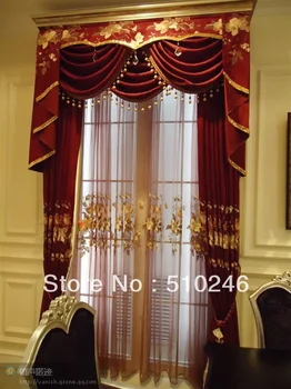 

hot sale top grade stocklot ready made chenille embroidered red home window valance curtain