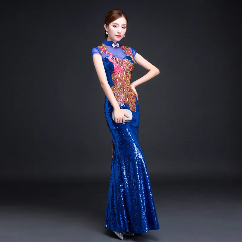 Невесты Cheongsam длинное современное Qipao кружевное сексуальное зеленое китайское Восточное стильное платье традиционное свадебное платье Женская мода S-3XL - Цвет: Синий