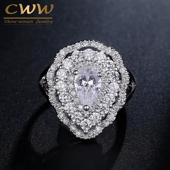 

CWWZircons Brand Vintage White Gold Color Large CZ Stone Setting Wedding Band Ring For Women Engagement Jewelry R103