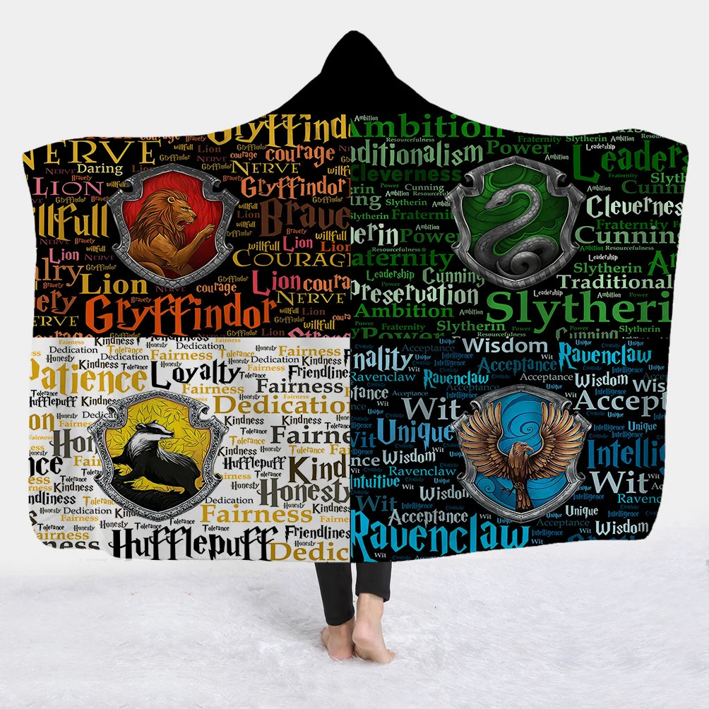 Slytherin Ravenclaw Gryffindor Hufflepuff 3D плюшевое одеяло с капюшоном для взрослых и детей, теплое, ноское, Прямая поставка