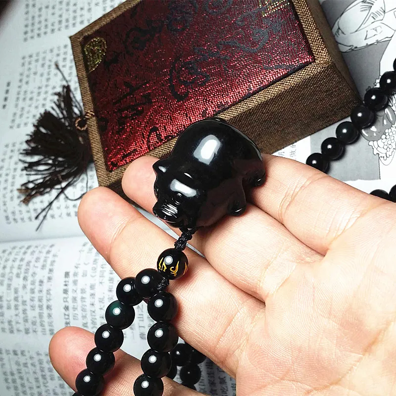 Engraved natural black stone pendant 8MM necklace long sectionin