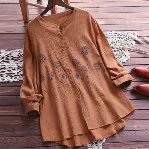 UK-Women-Cotton-Tops-Long-Sleeve-Tunic-Blouse-Flower-Print-Shirts-Plus-Size