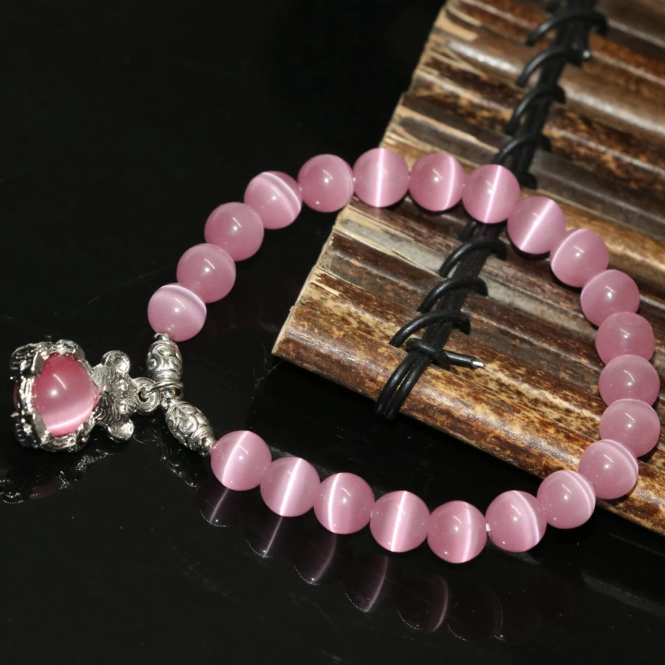 

Free shipping original design pink opal cat eyes round beads 8mm bracelets cute mouse pendant jewelry making 7.5inch B2169
