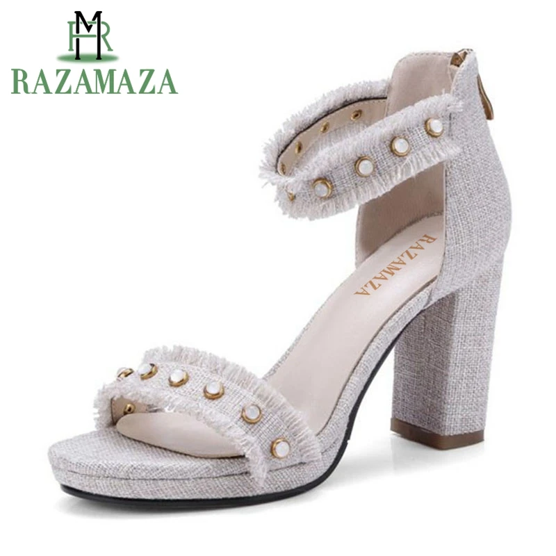 

RAZAMAZA Size 34-43 Vintage Women Genuine High Heel Sandals Beading Zipper Thick Heel Sandals Summer Party Shoe Women Sandals