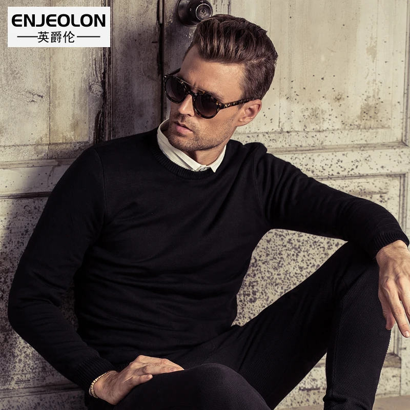 

Enjeolon brand spring knitted Pullovers Sweaters men plus size 3XL Cotton O-neck Black solid sweater,Man casual Sweater M2035
