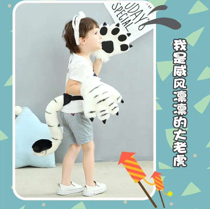 Креативная милая плюшевая игрушка в виде хвоста белого тигра, забавная игрушка в виде лапы, Мультяшные животные, хвост тигра и перчатки-лапки, заколка для волос, плюшевая игрушка для шоу