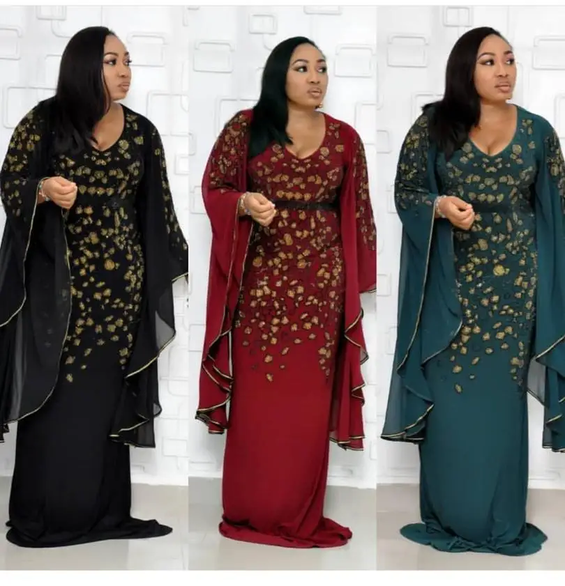 

New African women's clothes Dashiki fashion Slim stretch fishtail dress with large flared sleeves embroidered with gold sequins