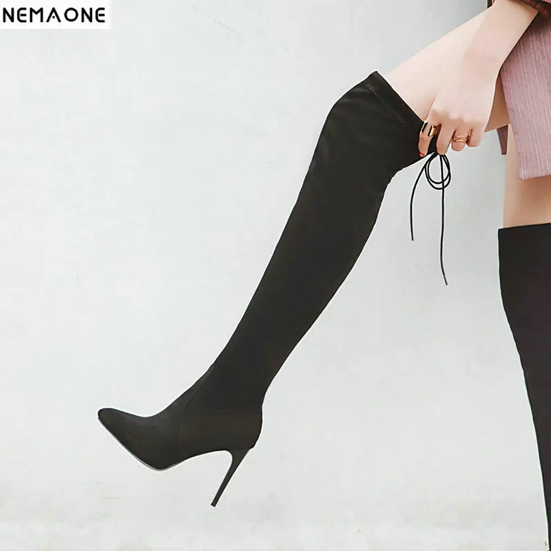 

NemaoNe New Women boot fashion Suede Women Over The Knee Boots Lace Up Sexy High Heels Shoes Woman Slim Thigh High Boots 35-43