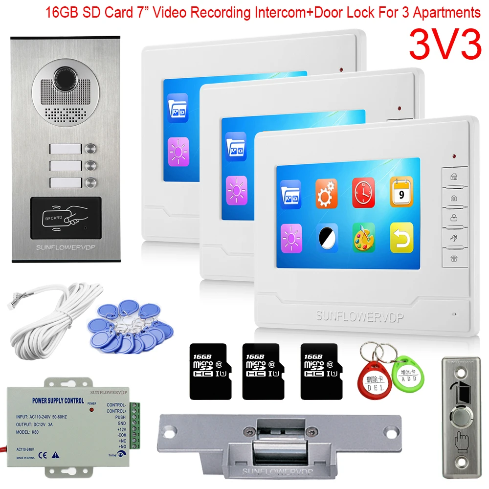 Rfid 2/3/4/6 Multi Call Buttons Video Intercom 16GB Video Recording 7”Color Monitor Videophone With Electric Door Lock Full Kit