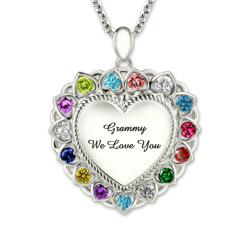 

Heart Pendant Necklace with Birthstones Silver 925 Personalized Engraved Grandma Necklaces Custom Family Names Letters Chain