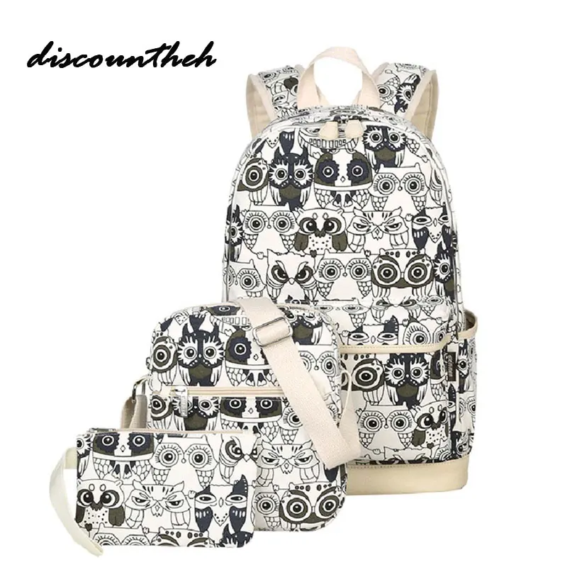 3pcs Set Backpack Women Animal Owl Printing Backpack Canvas Bookbags School Backpacks Bags For Teenage Girls