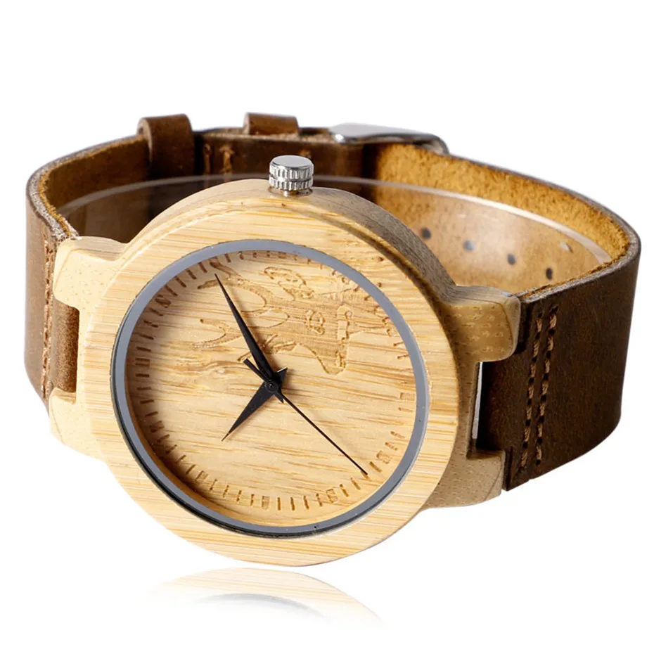 Creative Nature Minimalist Wood Bamboo Deer Head Brown Leather Quartz WristWatch Moose Analog Men Fashion Bangle Bracelet (8)