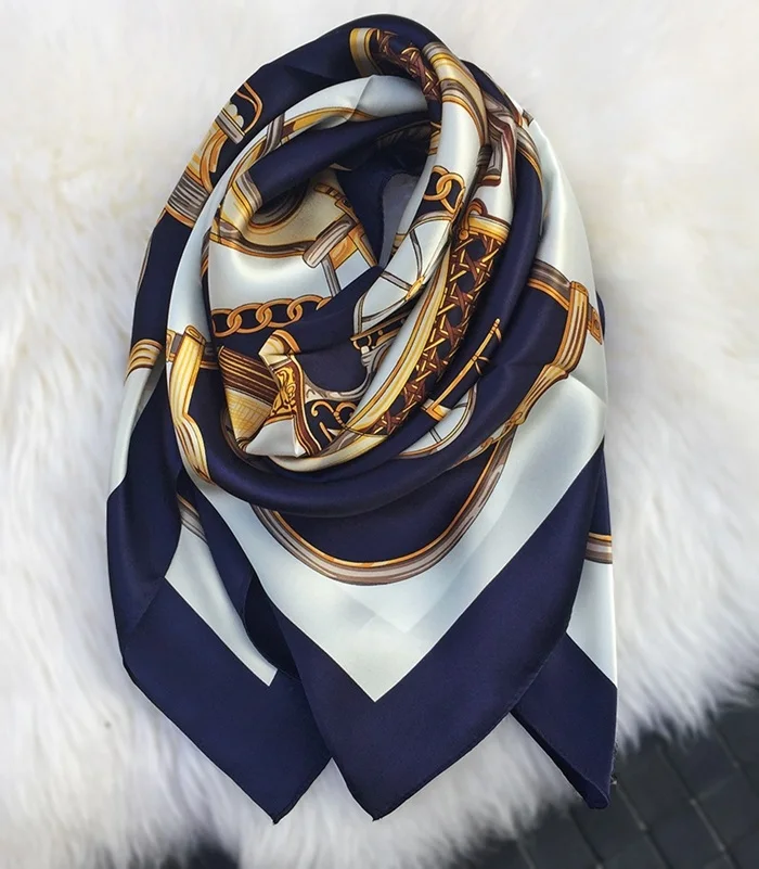 Золотая карета шелковый шарф Обертывания Женская Роскошная темно-синяя шелковая шаль Хиджаб головные шарфы Утолщаются Тип 3" X 35" - Цвет: Navy