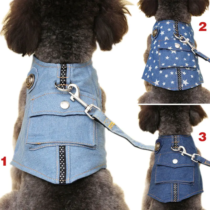 2Pcs/Set Pets Clothing Denim Vest+Harness Leads Puppy Dogs Jean Jacket
