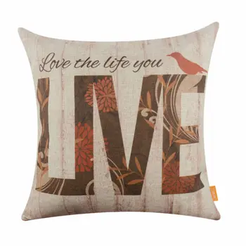 

LINKWELL 18"x18" Wood Look Love the Life you Live Red Bird Flower Leaf Room Relax Burlap Decorative Pillowcase Cushion Cover