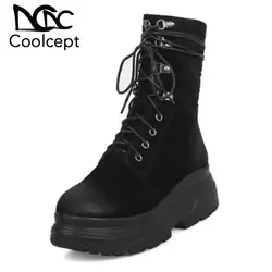 Coolcept/женские ботинки на плоской подошве из натуральной кожи, на молнии, с заклепками, на платформе, теплая обувь на меху, женские зимние