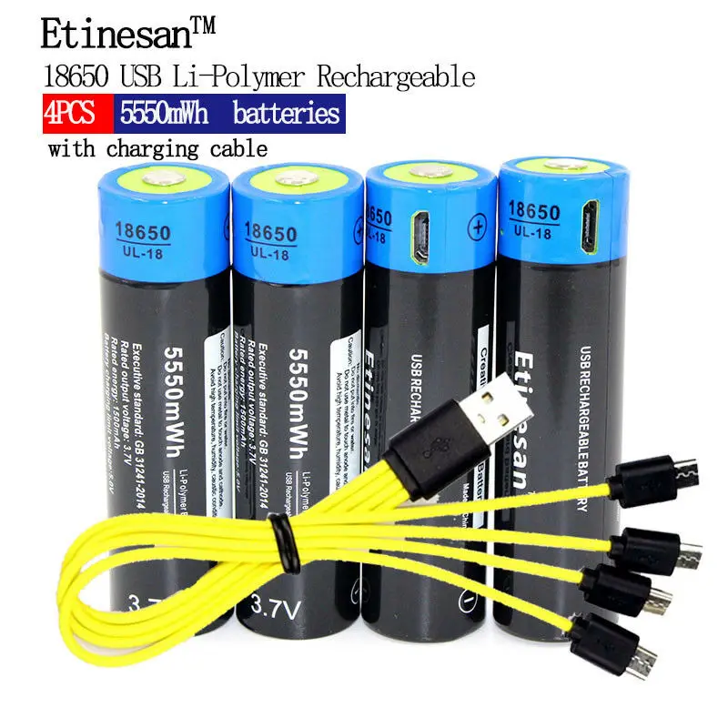 

Etinesan (REAL CAPACITY,NOT FAKE !) 5550mWh 3.7V 18650 li-po lithium ion rechargeable USB batteries, micro usb cable for charing