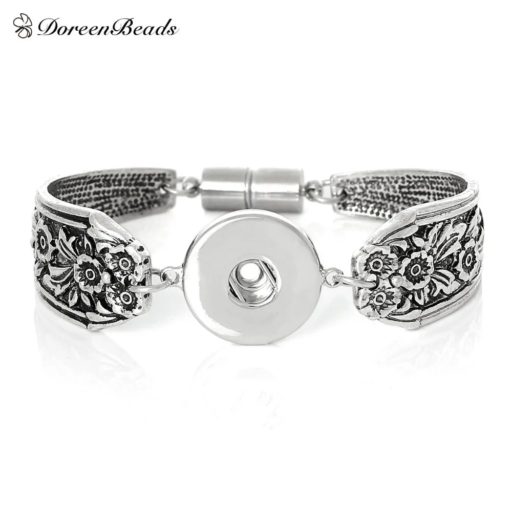 DoreenBeads Fashion Snap Jewelry Bangles antique silver color Clasp Flower Pattern 19
