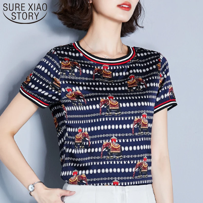 

Female Loose Blouse Blusas Plus Size 2019 New Summer Short-sleeved Round Collar Shirt Women Tops and Blouse Silk Shirt 3793 50