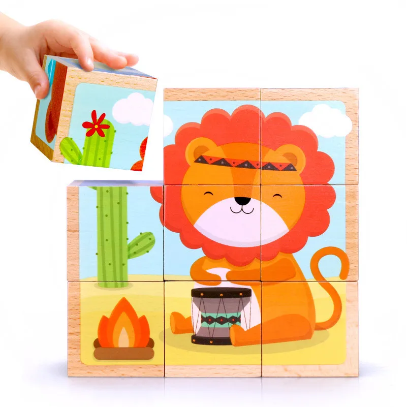 Animal Six Sided Puzzle Building Blocks Wooden Toys For Children Baby 1-2-3-6 Years Old Early Educational Toy
