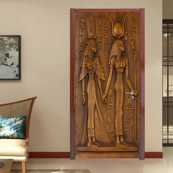 

European Style Retro Door Sticker 3D Egyptian Sculpture Wallpaper Living Room Kitchen PVC Waterproof Home Decal Vinyl Door Mural